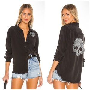 Lauren Moshi Sloane Nailhead Skull Button Up Denim Shirt in Onyx Size XS